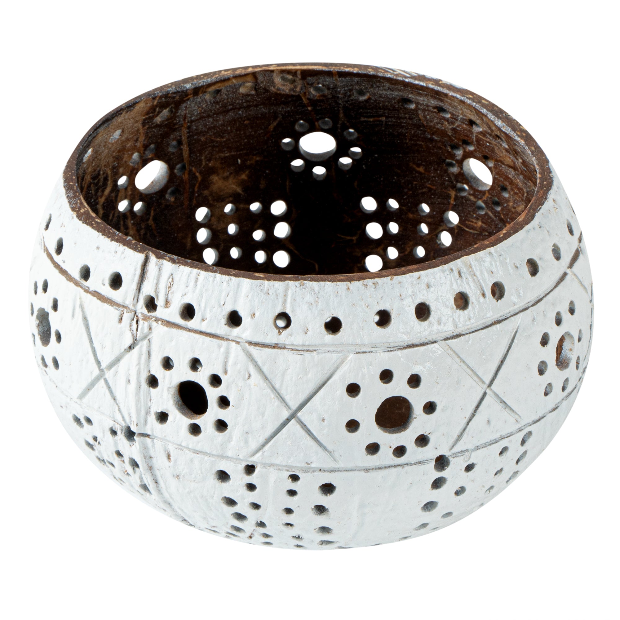 Coco Casa White Handmade Coconut Shell Candle Holder - Sun and Light Pattern - 4" x 4" x 3 1/4" - 10 count box