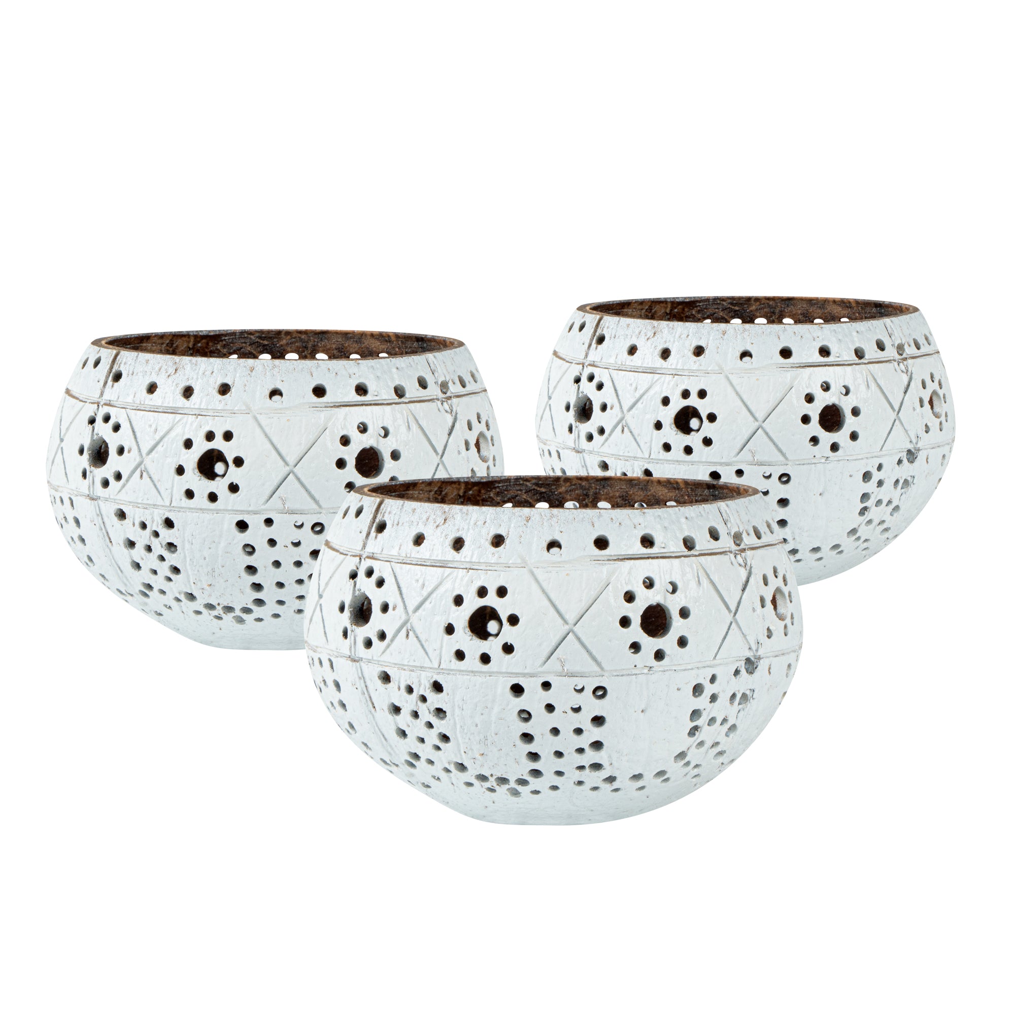 Coco Casa White Handmade Coconut Shell Candle Holder - Sun and Light Pattern - 4" x 4" x 3 1/4" - 10 count box