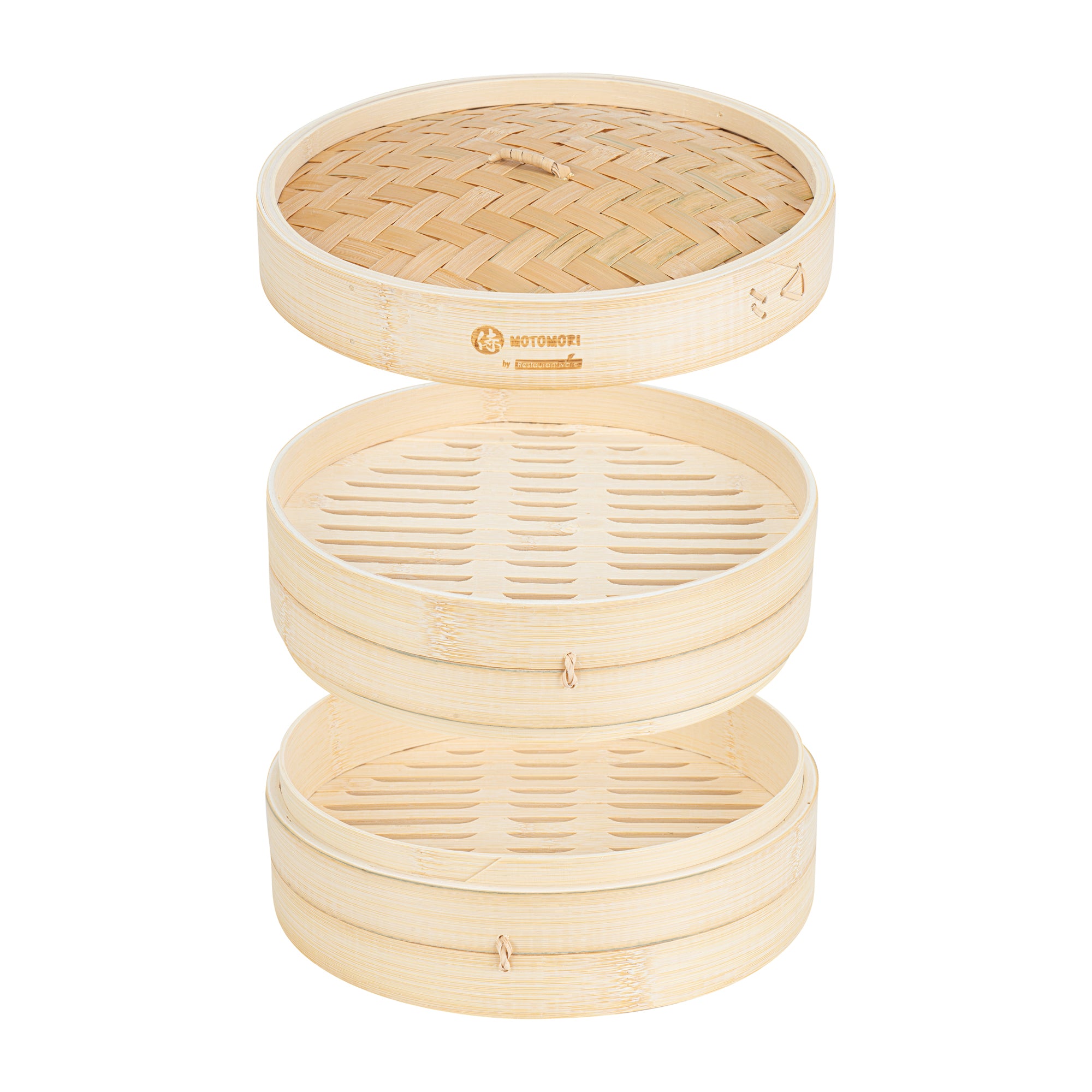 Motomori Round Natural Bamboo Steamer - 10'' x 10'' x 4'' - 10 count box