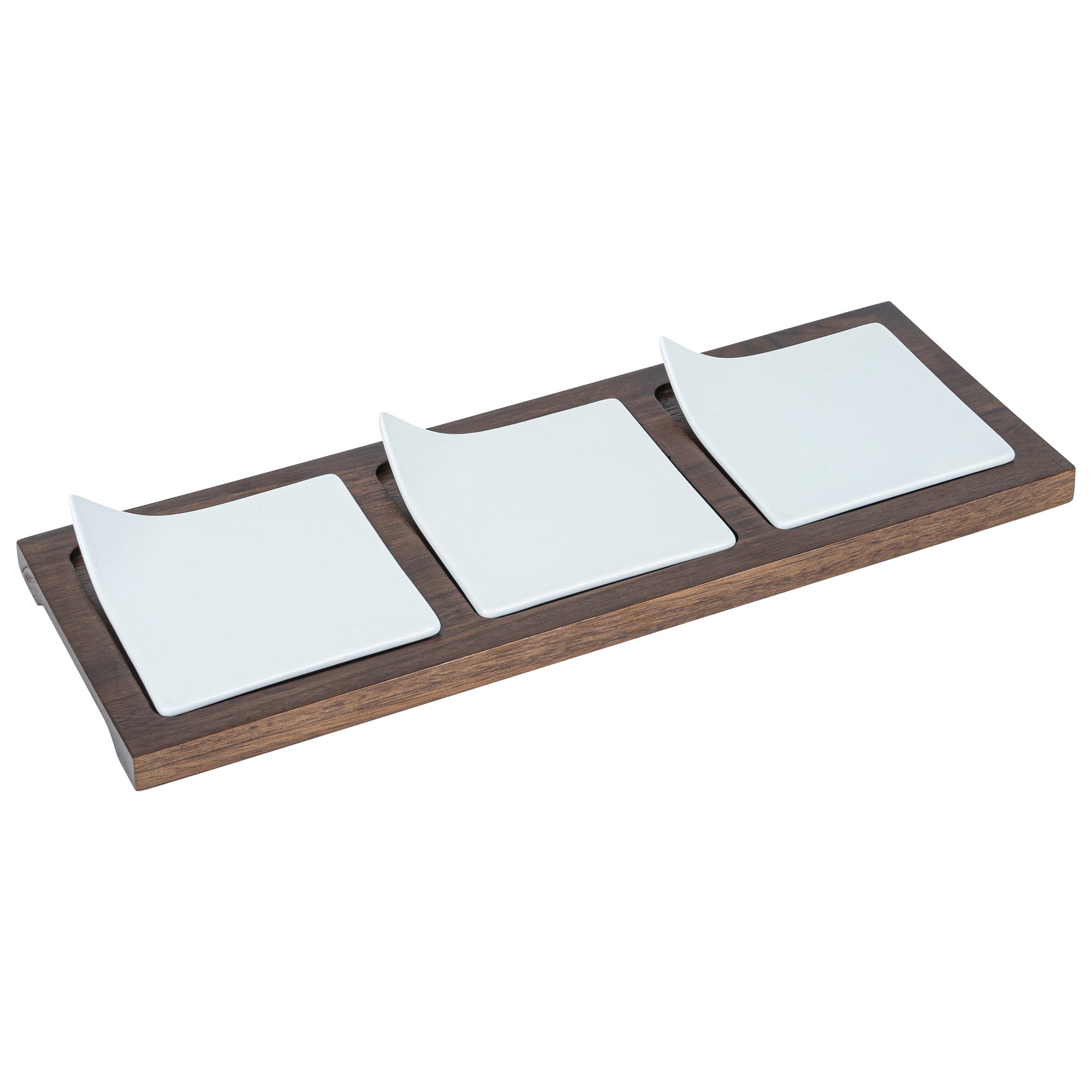 Rectangle White Porcelain Modern Flat Plate Set - 3 Plates, Bamboo Tray - 14 1/4" x 5" x 1 1/2" - 1 count box