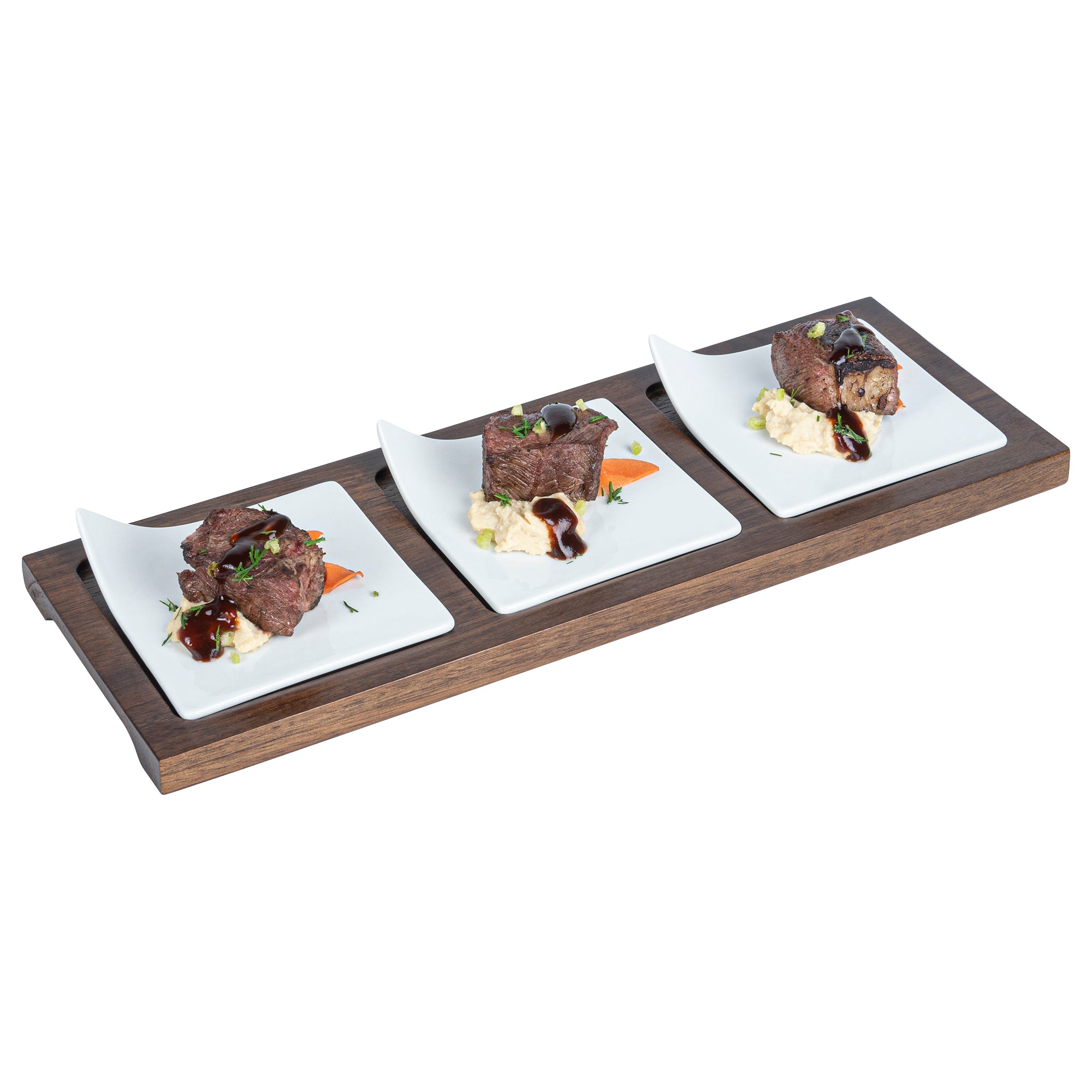 Rectangle White Porcelain Modern Flat Plate Set - 3 Plates, Bamboo Tray - 14 1/4" x 5" x 1 1/2" - 1 count box