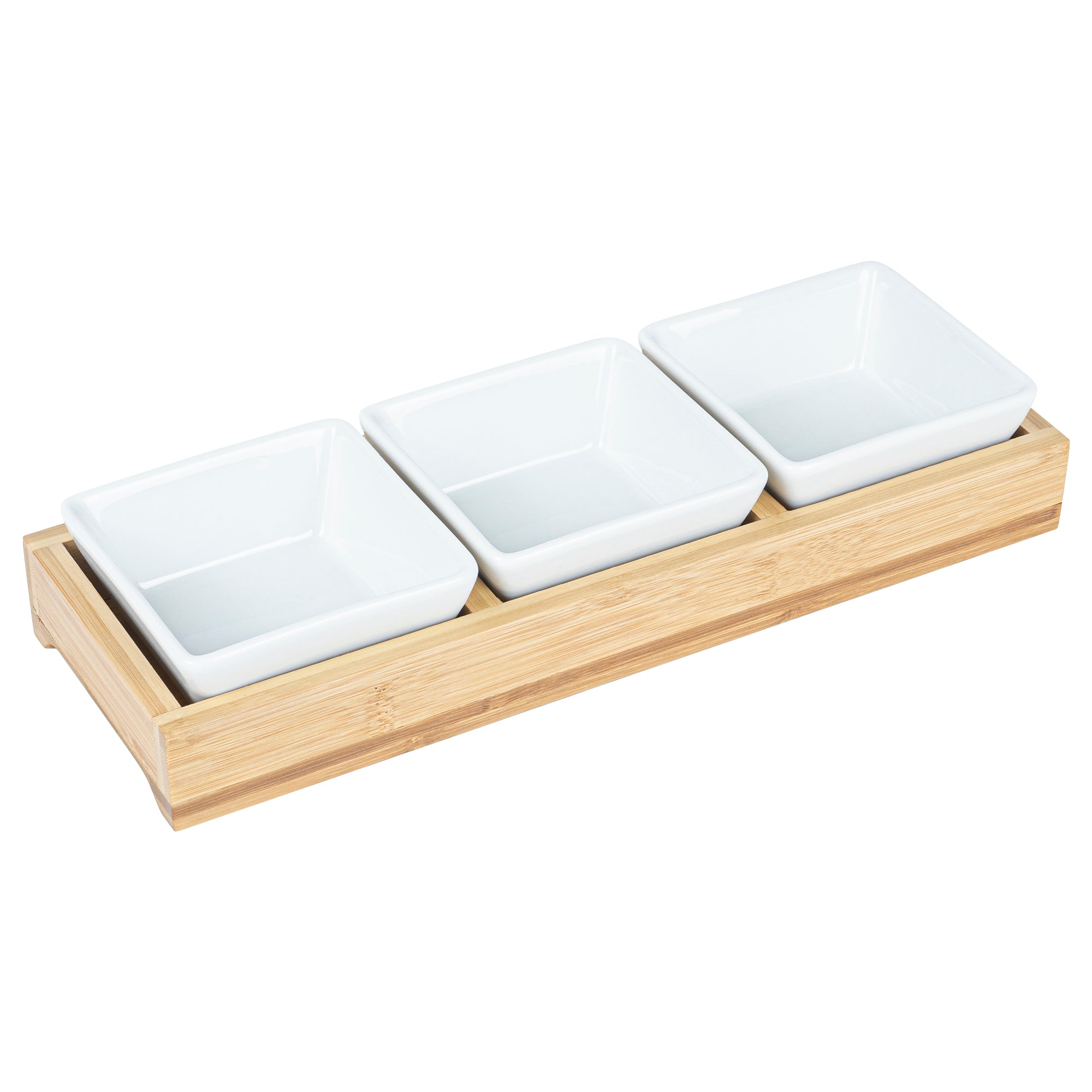 6 oz Rectangle White Porcelain Modern Bowl Set - 3 Bowls, Bamboo Tray - 11 3/4" x 4 1/4" x 2" - 1 count box