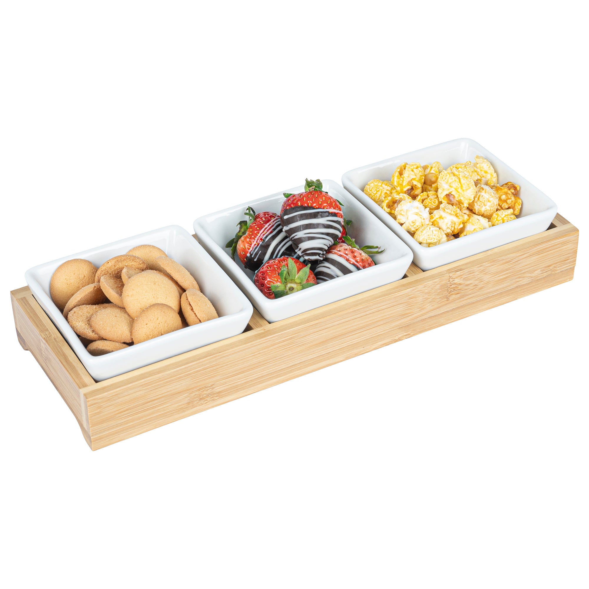 6 oz Rectangle White Porcelain Modern Bowl Set - 3 Bowls, Bamboo Tray - 11 3/4" x 4 1/4" x 2" - 1 count box