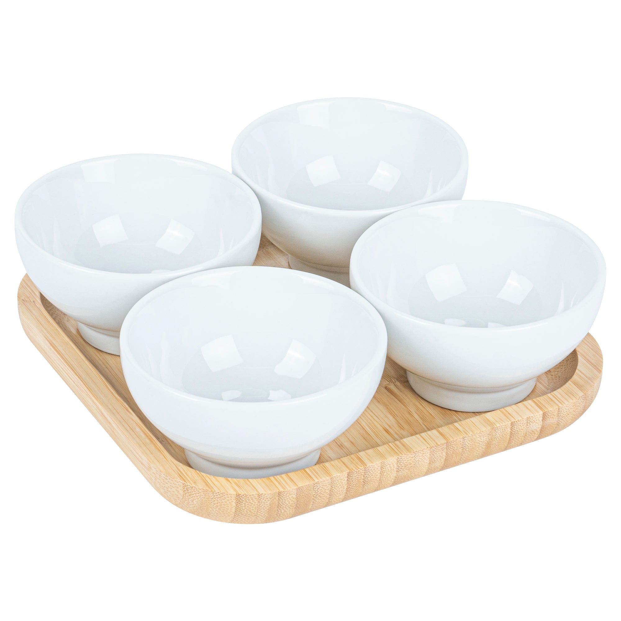 20 oz Rectangle White Porcelain Coppa Bowl Set - 4 Bowls, Bamboo Tray - 7" x 7" x 2 1/4" - 1 count box