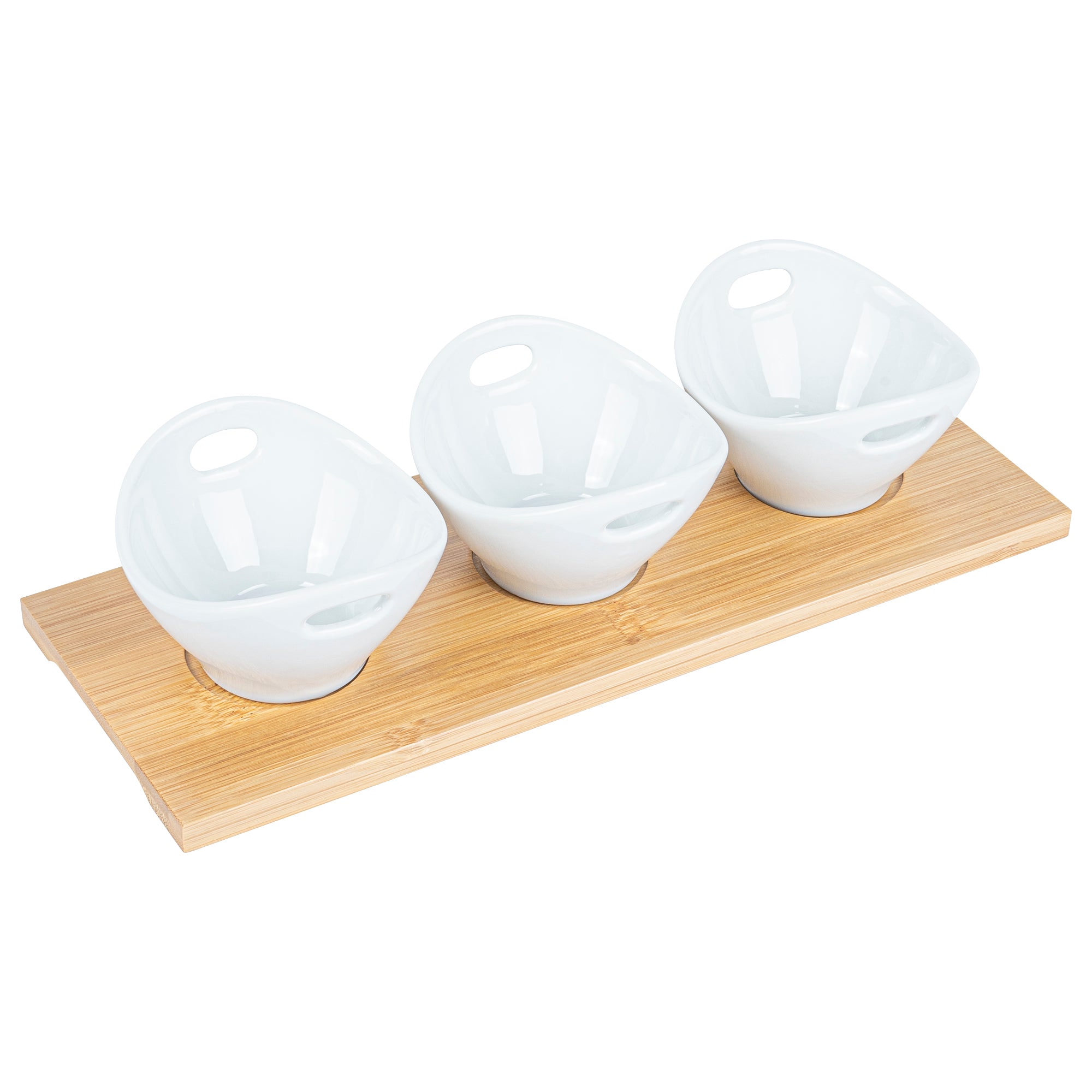 6 oz Rectangle White Porcelain Basket Bowl Set - 3 Bowls, Bamboo Tray - 11 3/4" x 4 1/4" x 2 1/2" - 1 count box