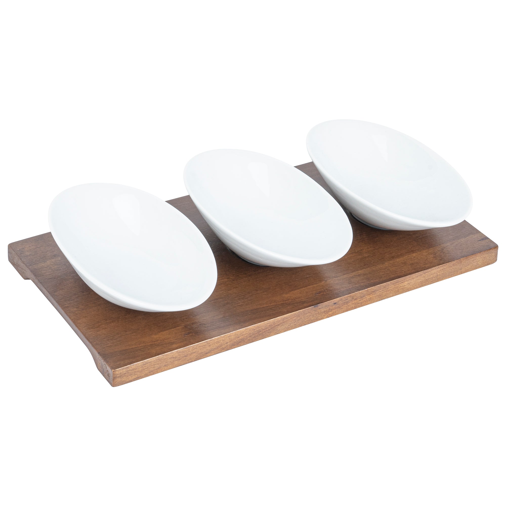 9 oz Rectangle White Porcelain Ellipse Bowl Set - 3 Bowls, Bamboo Tray - 10 1/4" x 5 1/2" x 1 1/2" - 1 count box