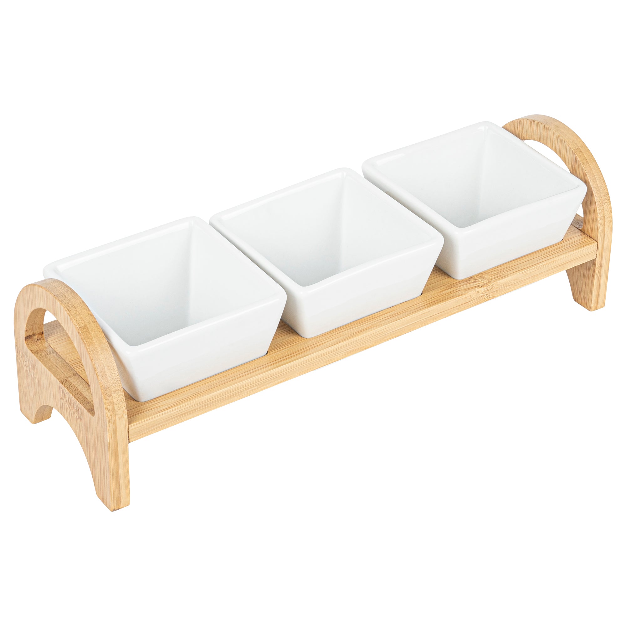 21 oz Rectangle White Porcelain Kova Bowl Set - 3 Bowls, Bamboo Tray - 12" x 3 3/4" x 3 1/2" - 1 count box