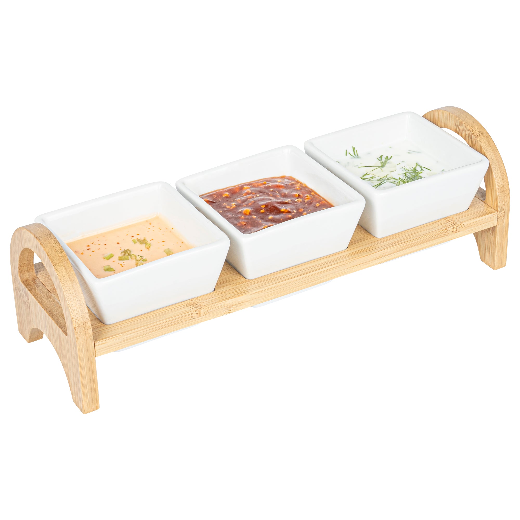 21 oz Rectangle White Porcelain Kova Bowl Set - 3 Bowls, Bamboo Tray - 12" x 3 3/4" x 3 1/2" - 1 count box