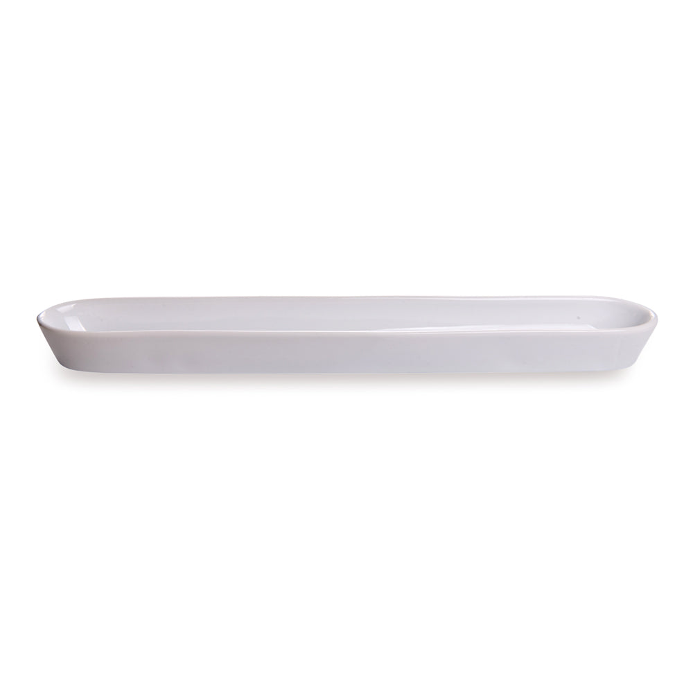 Siluro 10 oz White Porcelain Olive Plate - 12" x 1 1/2" x 1" - 1 count box