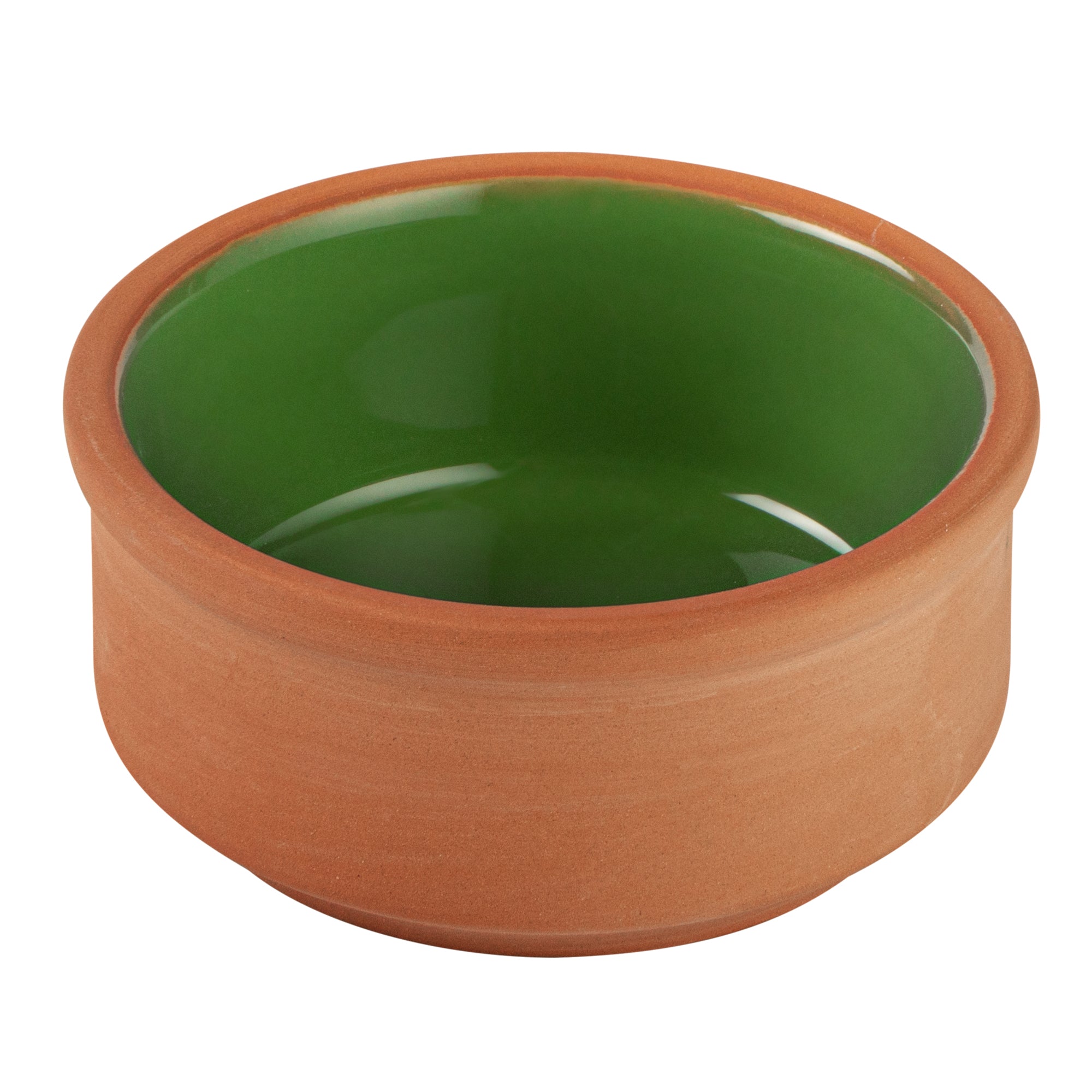 Terra Tek 3 oz Terracotta Cazuela Bowl - Green Glazed Interior, Oven-Safe, Microwave-Safe - 3 1/4'' x 3 1/4'' x 1 1/2'' - 10 count box