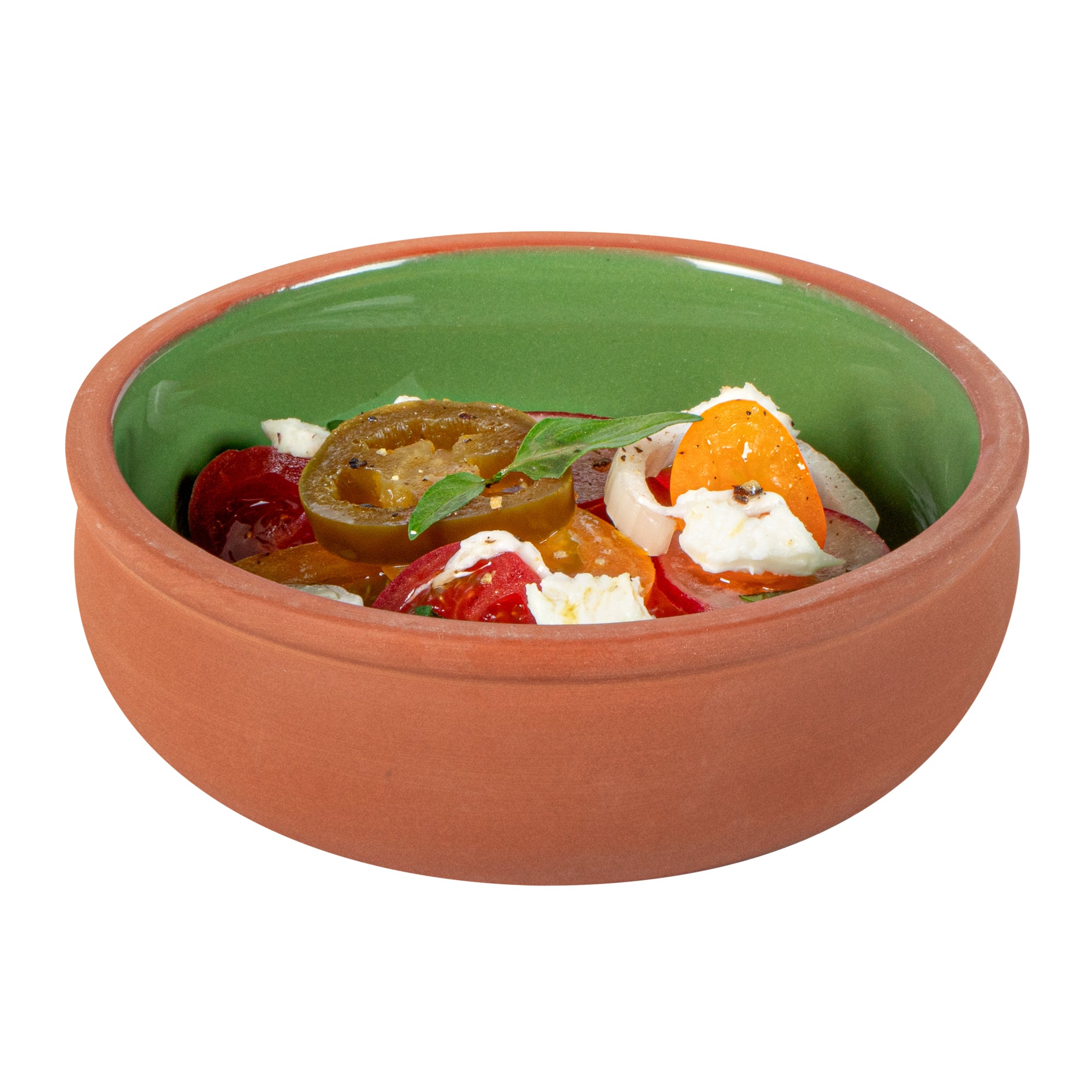 Terra Tek 7 oz Terracotta Cazuela Bowl - Green Glazed Interior, Oven-Safe, Microwave-Safe - 4 1/2'' x 4 1/2'' x 1 1/2'' - 10 count box