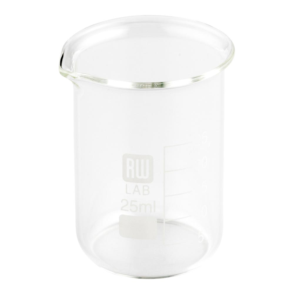 RW Lab 25 mL Glass Beaker - Borosilicate - 1 1/2" x 1 3/4" x 2" - 10 count box