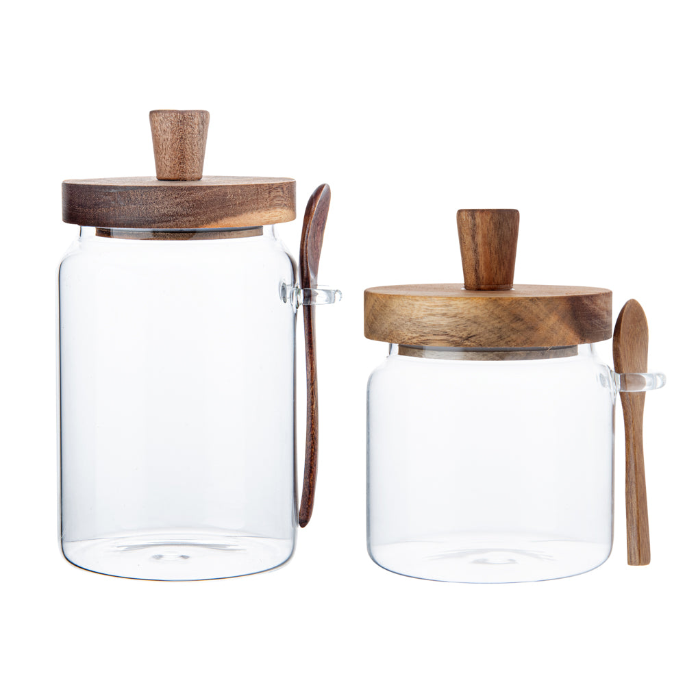 Vetri Glass 2-Piece Storage Jar Set - with Acacia Lid and Spoon - 8" x 8" x 7 1/2" - 1 count box