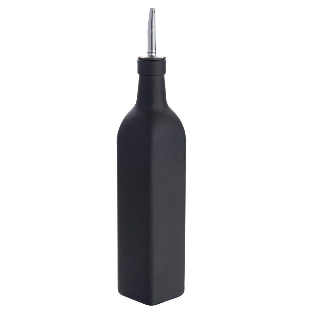 RW Base 17 oz Black Glass Olive Oil Dispenser - with Stainless Steel Pourer - 2 1/4" x 2 1/4" x 12 1/2" - 1 count box