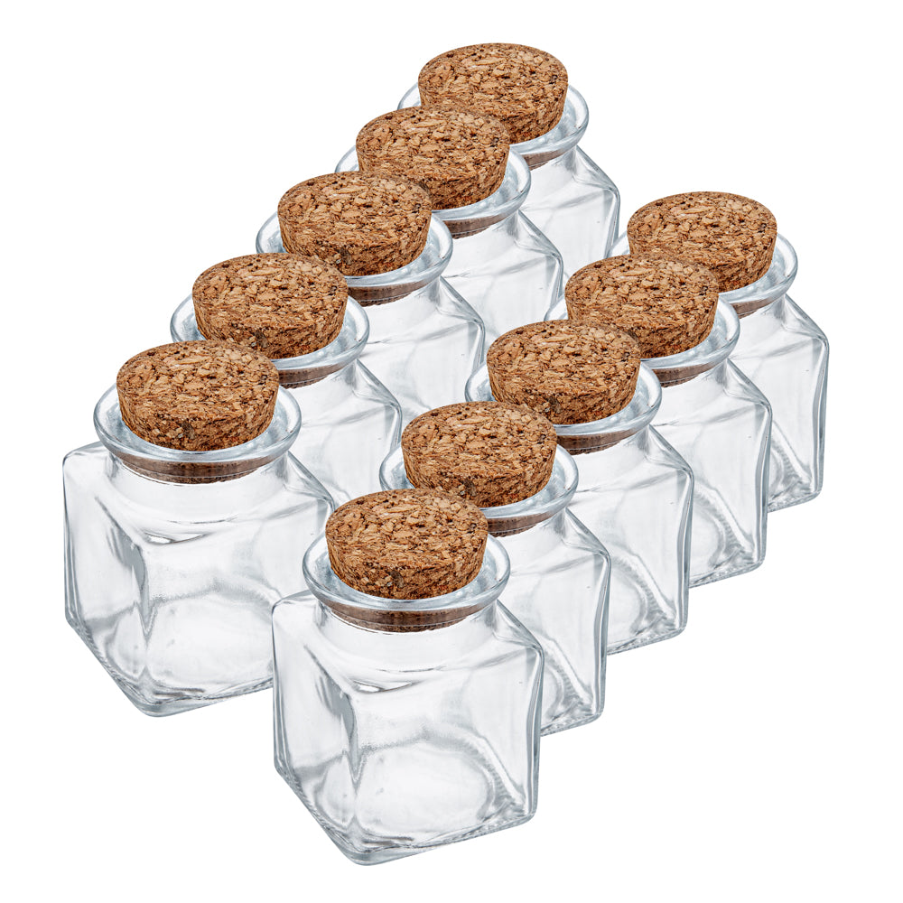 RW Base 2 oz Square Clear Glass Herb Storage Jar - with Cork Lid - 1 1/2" x 1 1/2" x 2" - 10 count box