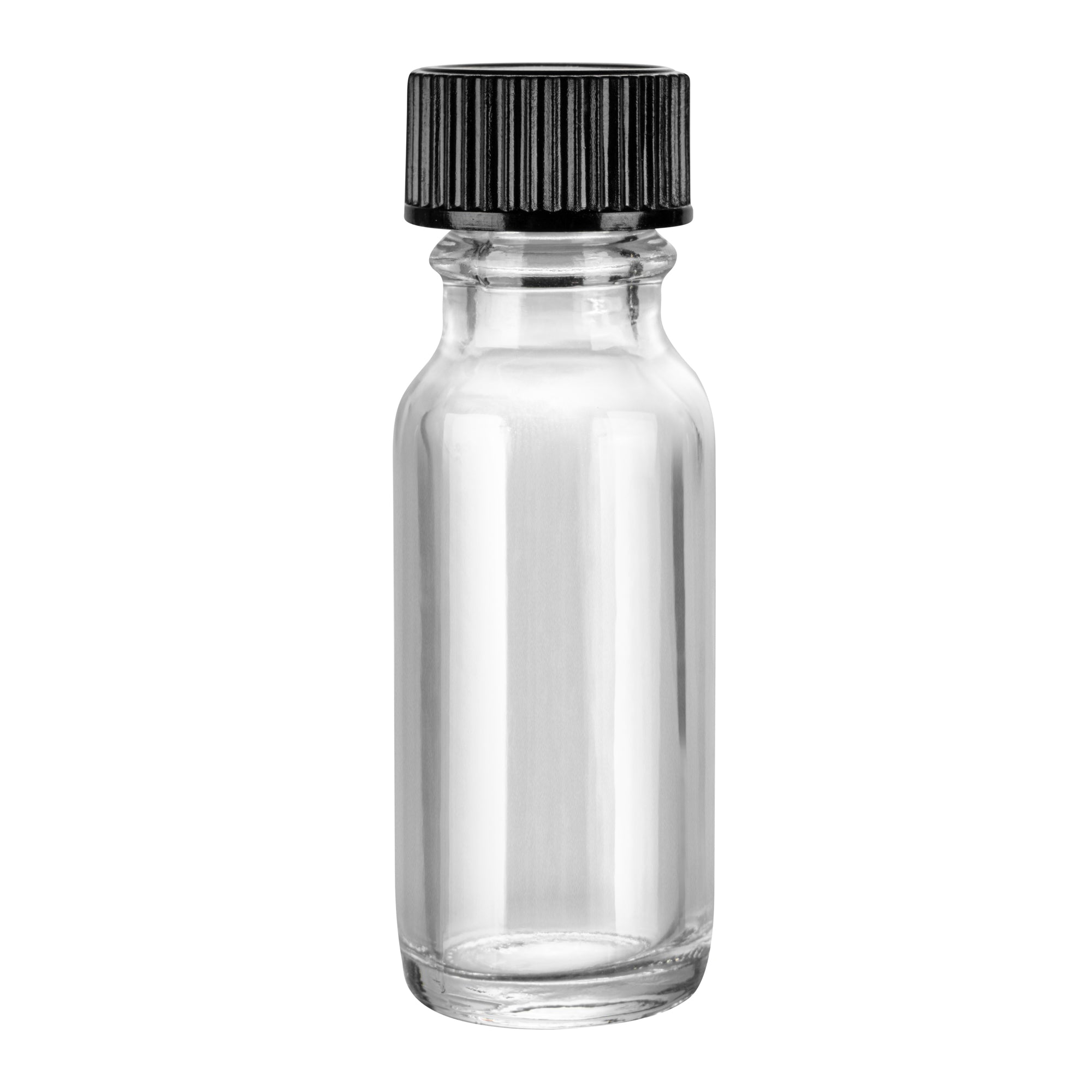 Vetri 0.5 oz Boston Round Clear Glass Bottle - with Black Phenolic Cap - 1" x 1" x 2 3/4" - 48 count box