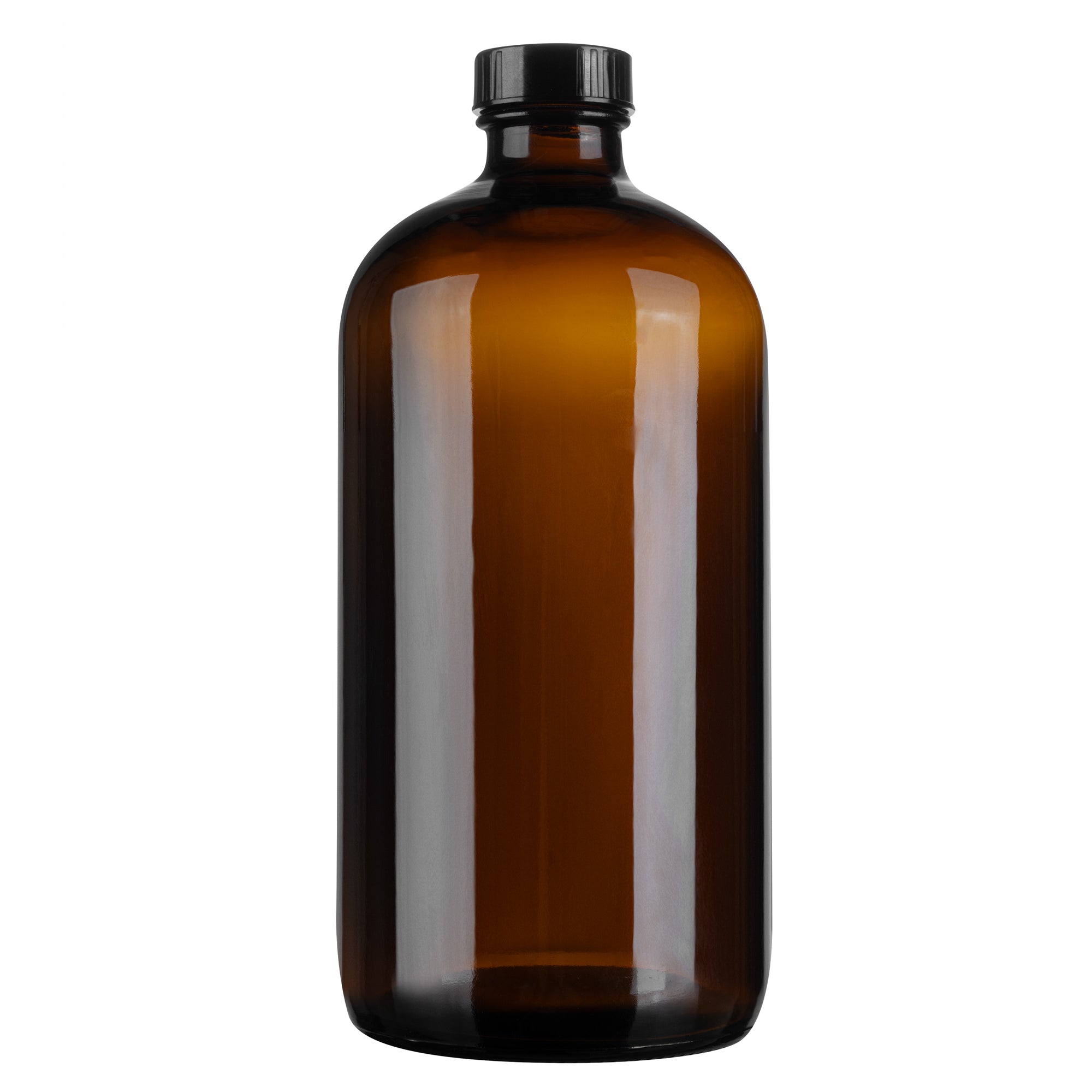 Vetri 32 oz Boston Round Amber Glass Bottle - with Black Phenolic Cap - 3 3/4" x 3 3/4" x 8" - 12 count box