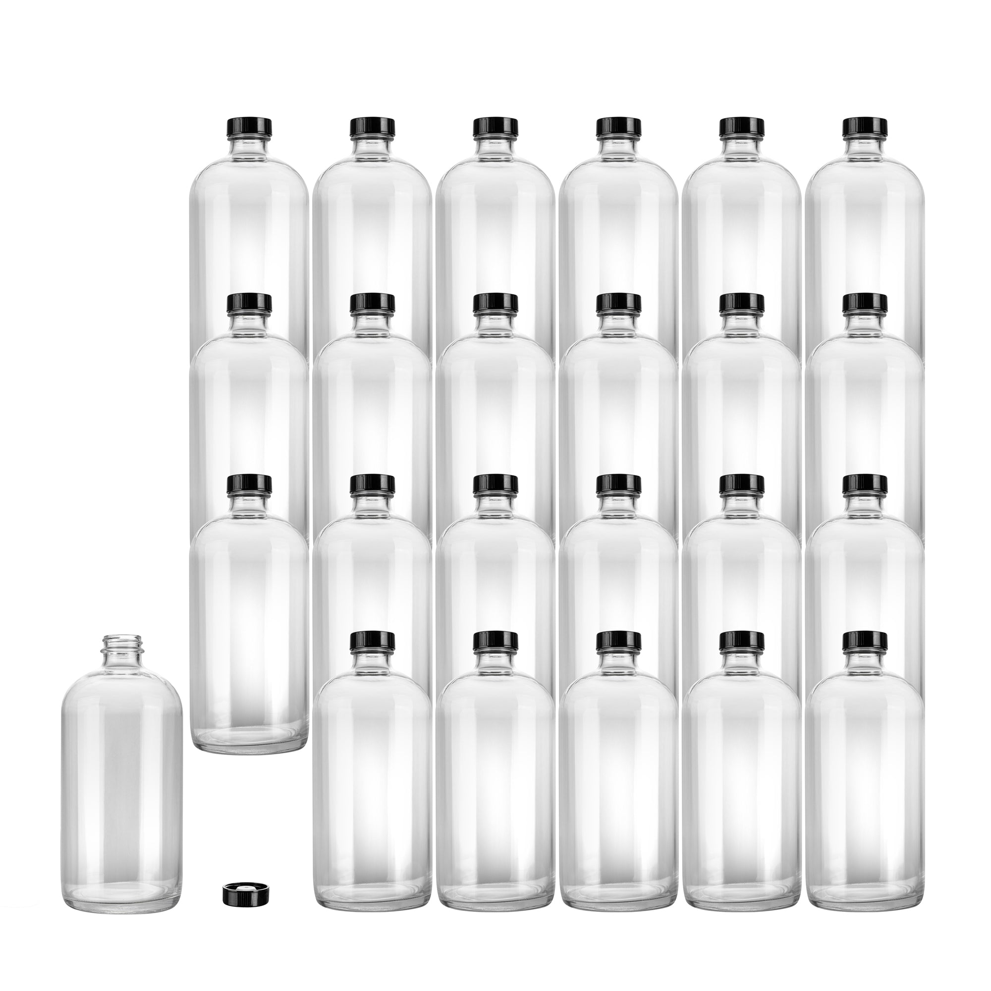 Vetri 32 oz Boston Round Clear Glass Bottle - with Black Phenolic Cap - 3 3/4" x 3 3/4" x 8" - 12 count box