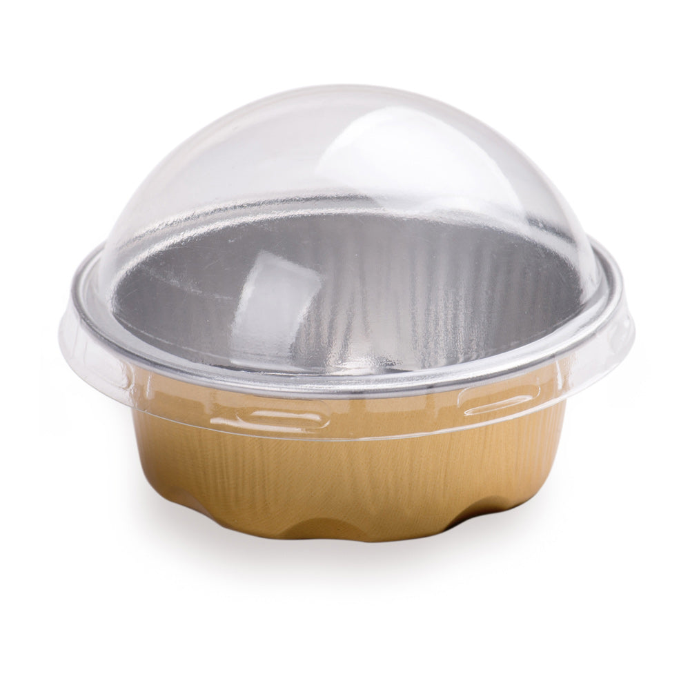 2 oz Round Gold Aluminum Baking Cup - with Plastic Dome Lid - 2 3/4" x 2 3/4" x 1" - 100 count box