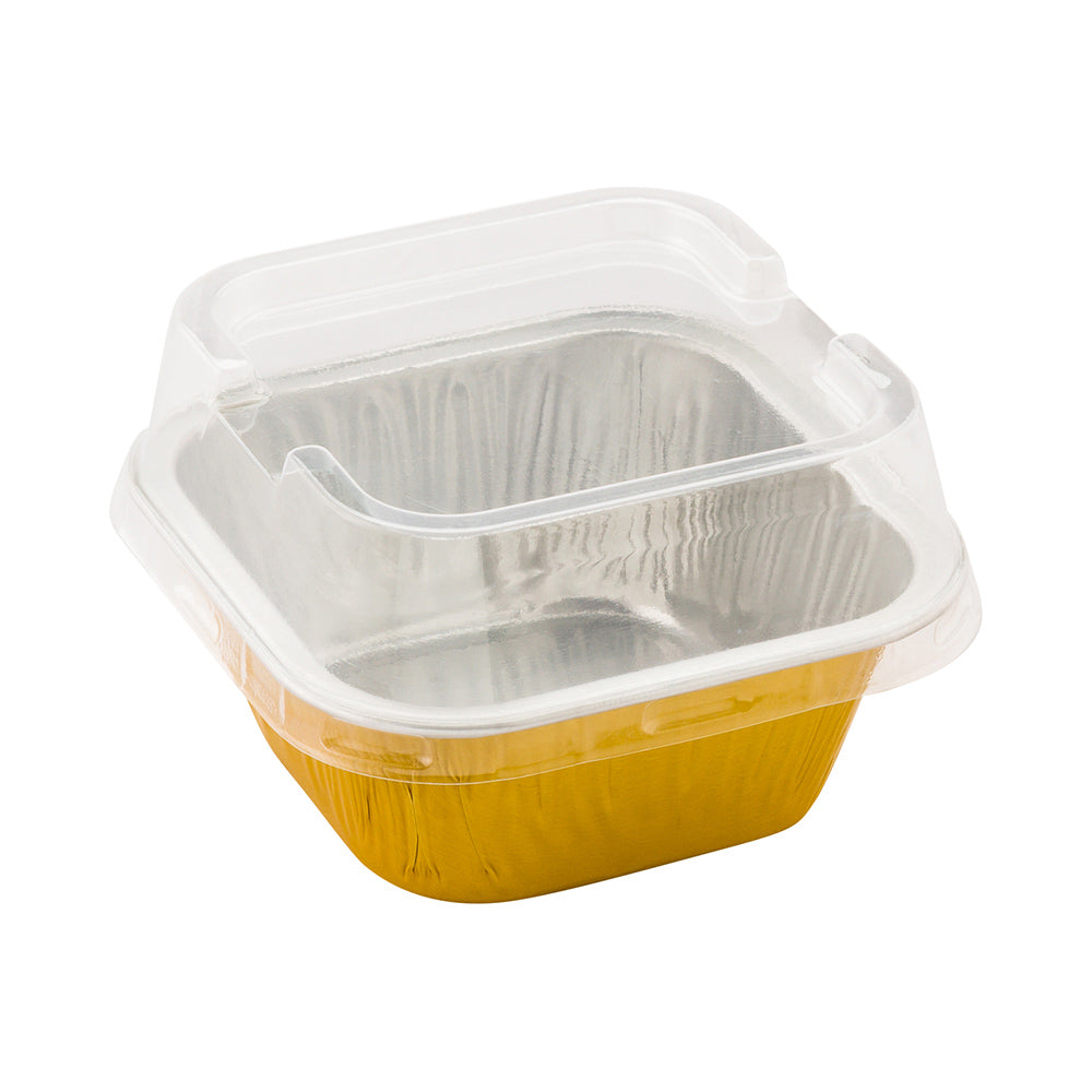 3 oz Square Gold Aluminum Baking Cup - with Plastic Dome Lid - 3" x 3" x 1 1/4" - 100 count box