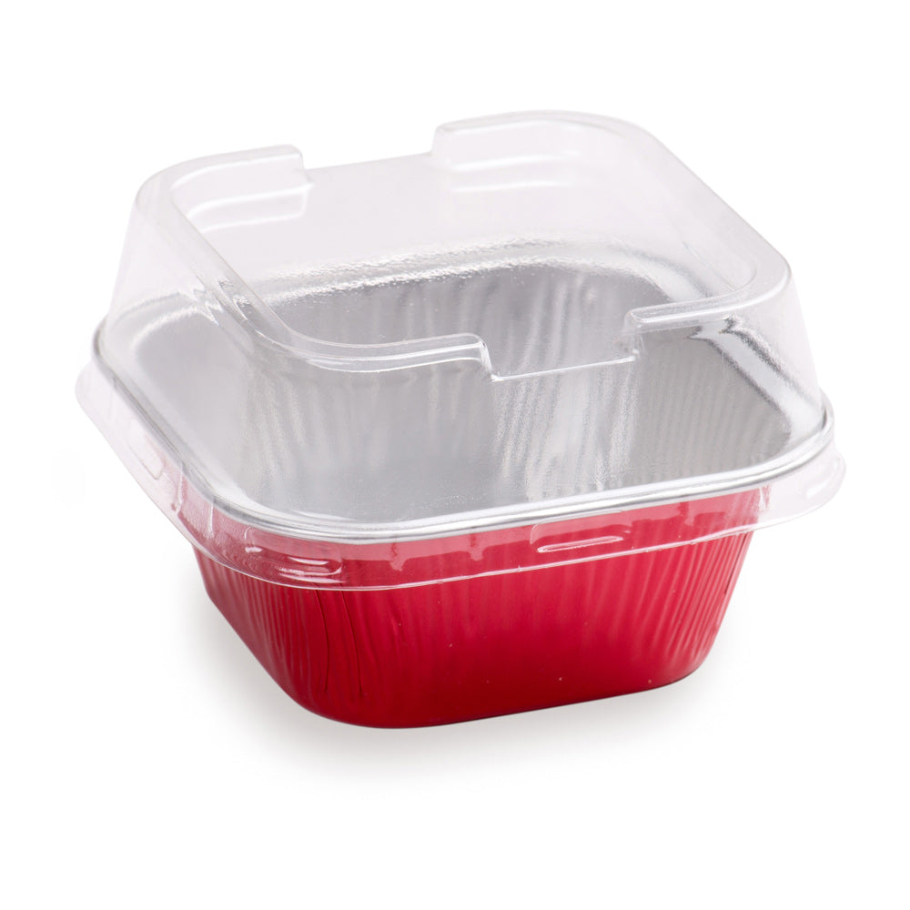 3 oz Square Red Aluminum Quadro Baking Cup - with Plastic Dome Lid - 3" x 3" x 1 1/4" - 100 count box