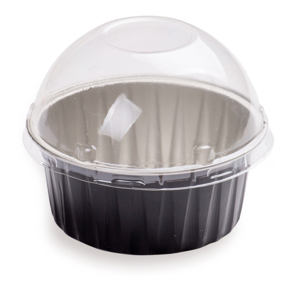 4 oz Round Black Aluminum Baking Cup - with Plastic Dome Lid - 3 1/4" x 3 1/4" x 1 1/2" - 100 count box