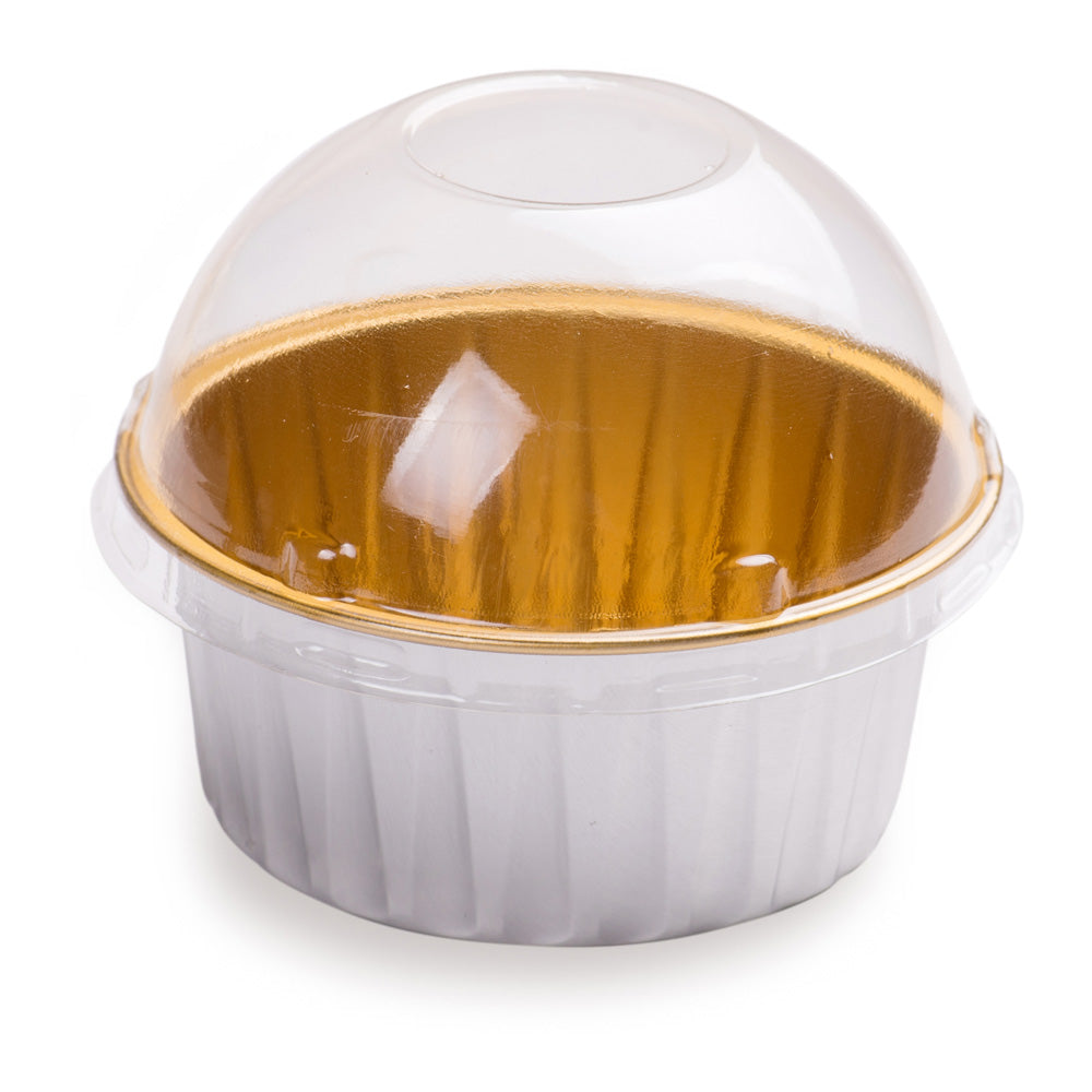 4 oz Round Silver Aluminum Baking Cup - Inner Gold, with Plastic Dome Lid - 3 1/4" x 3 1/4" x 1 1/2" - 100 count box