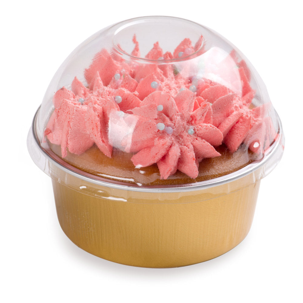 4 oz Round Gold Aluminum Baking Cup - with Plastic Dome Lid - 3 1/4" x 3 1/4" x 1 1/2" - 100 count box