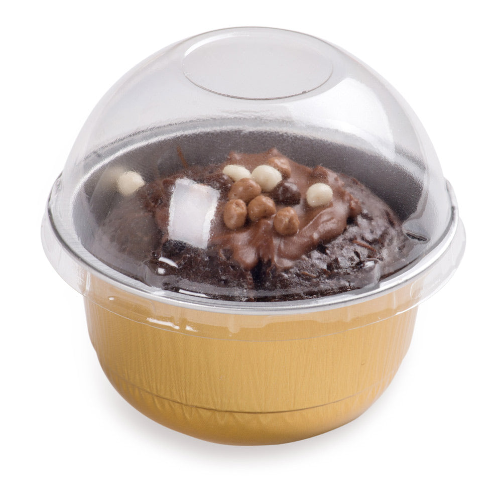 5 oz Round Gold Aluminum Baking Cup - with Plastic Dome Lid - 3 1/4" x 3 1/4" x 1 3/4" - 100 count box