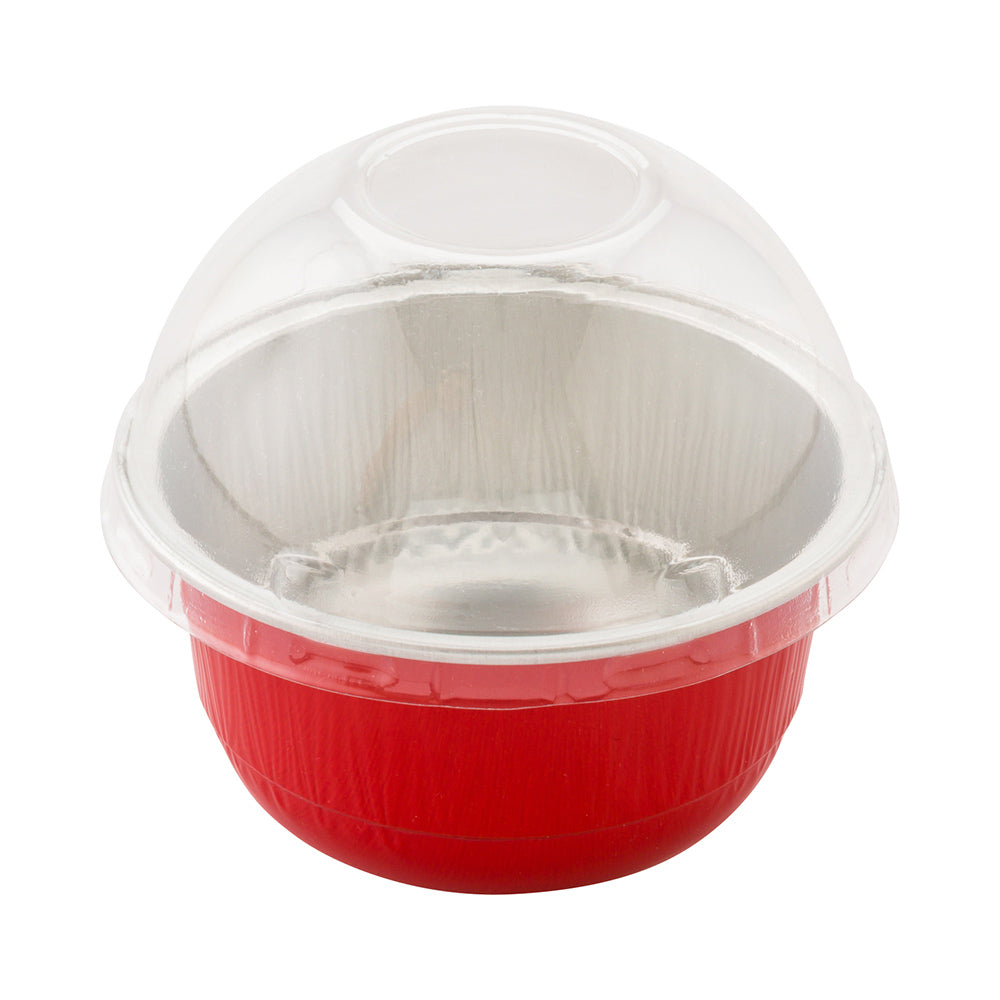 5 oz Round Red Aluminum Baking Cup - with Plastic Dome Lid - 3 1/4" x 3 1/4" x 1 3/4" - 100 count box