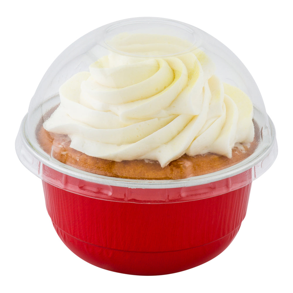 5 oz Round Red Aluminum Baking Cup - with Plastic Dome Lid - 3 1/4" x 3 1/4" x 1 3/4" - 100 count box