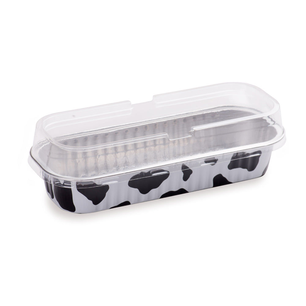 7 oz Rectangle Cow Lines Aluminum Baking Loaf Pan - with Plastic Dome Lid - 6 1/2" x 2 1/2" x 1 1/4" - 100 count box