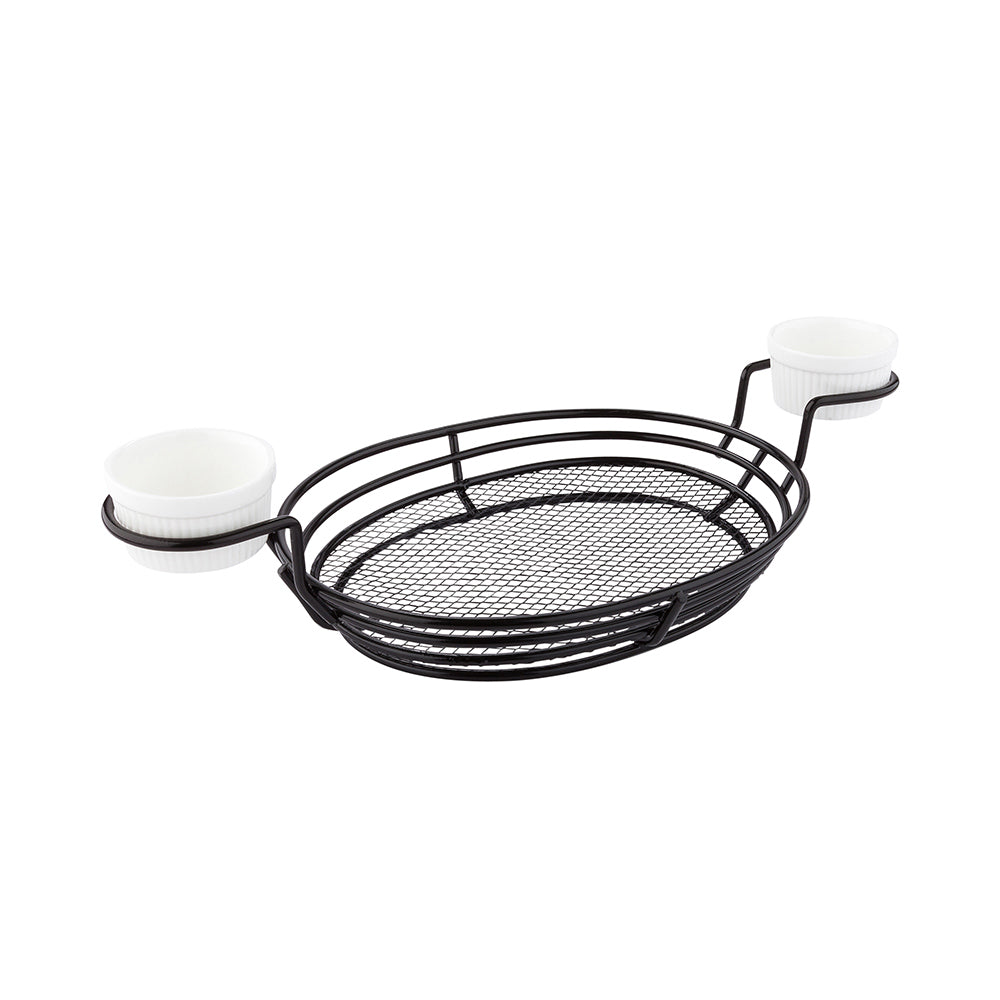 Oval Black Iron Entree Basket - Double Dipping Sauce Holder - 13" x 6" x 2 1/4" - 1 count box