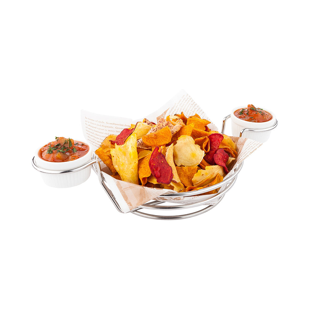 Round Silver Stainless Steel Duetto Appetizer and Chip Basket - Double Dipping Sauce Holder - 10 1/4" x 7" x 3" - 1 count box