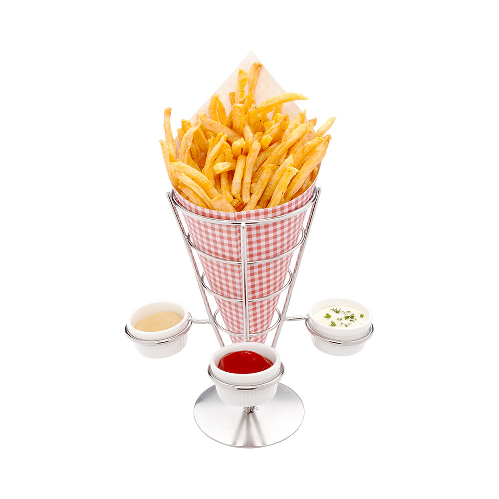 Silver Stainless Steel Medium Fry and Snack Cone Stand - 3 Sauce Holders - 4 1/4" x 4 1/4" x 8" - 1 count box