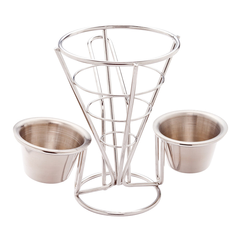 Silver Stainless Steel Singolo Cone Stand - 2 Sauce Holders - 4" x 4" x 5 1/2" - 1 count box