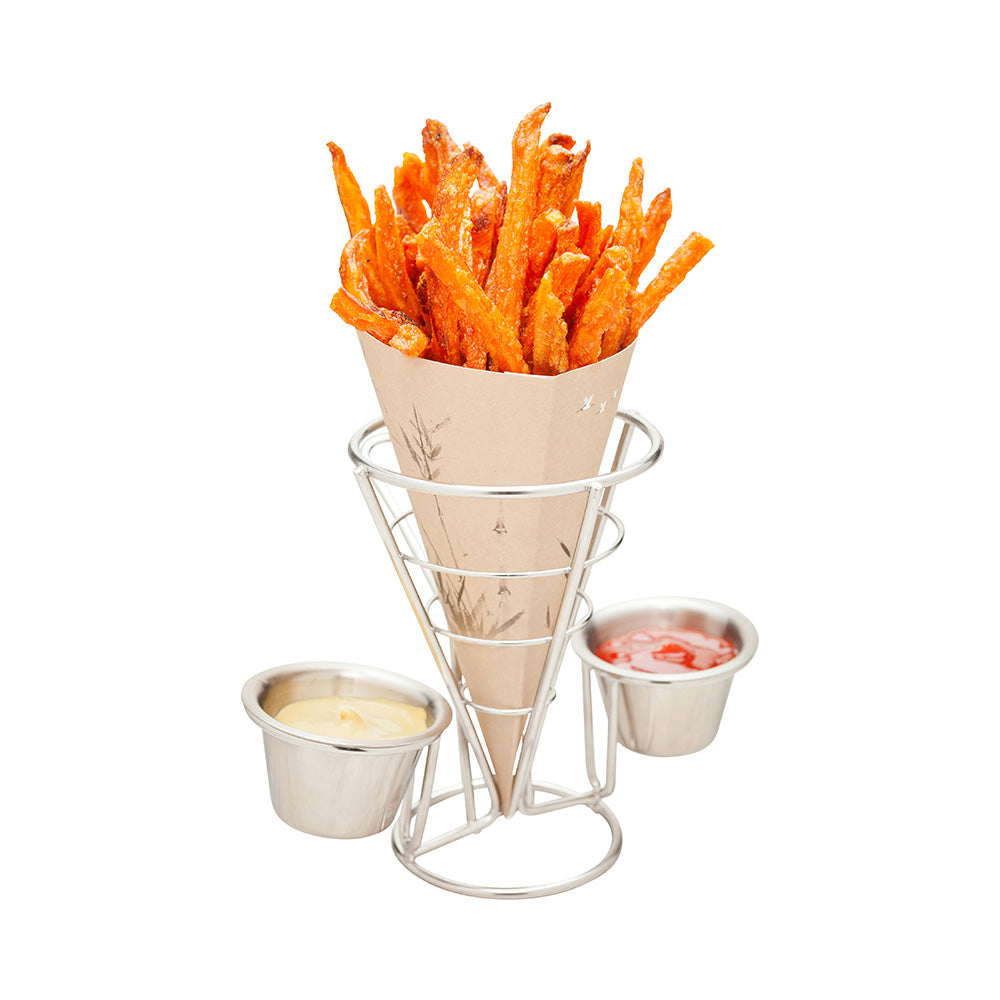 Silver Stainless Steel Singolo Cone Stand - 2 Sauce Holders - 4" x 4" x 5 1/2" - 1 count box