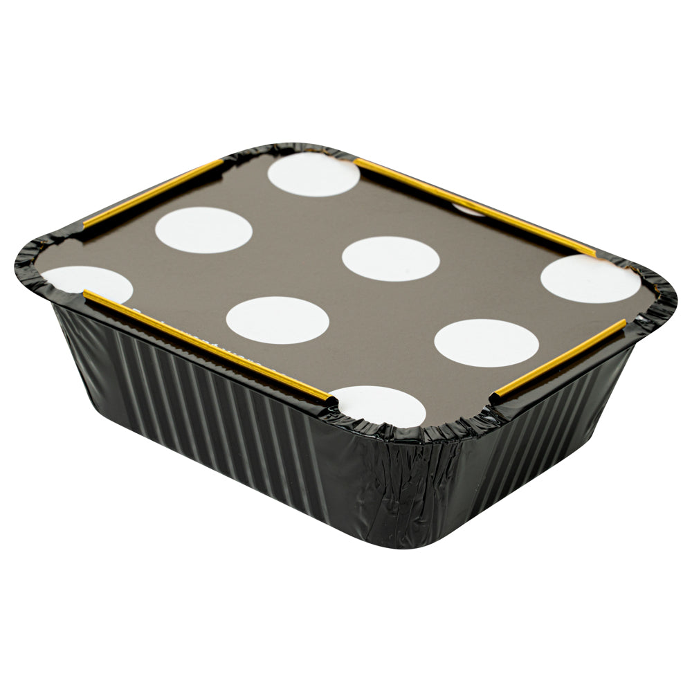 12 oz Rectangle Black and Gold Aluminum Take Out Container - with Polka Dot Paper Lid - 5 3/4" x 4 3/4" x 1 3/4" - 200 count box