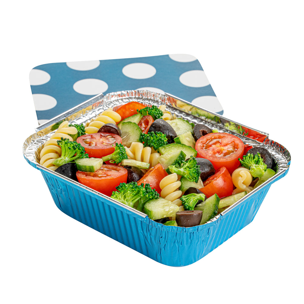 12 oz Rectangle Blue Aluminum Take Out Container - with Polka Dot Paper Lid - 5 3/4" x 4 3/4" x 1 3/4" - 200 count box