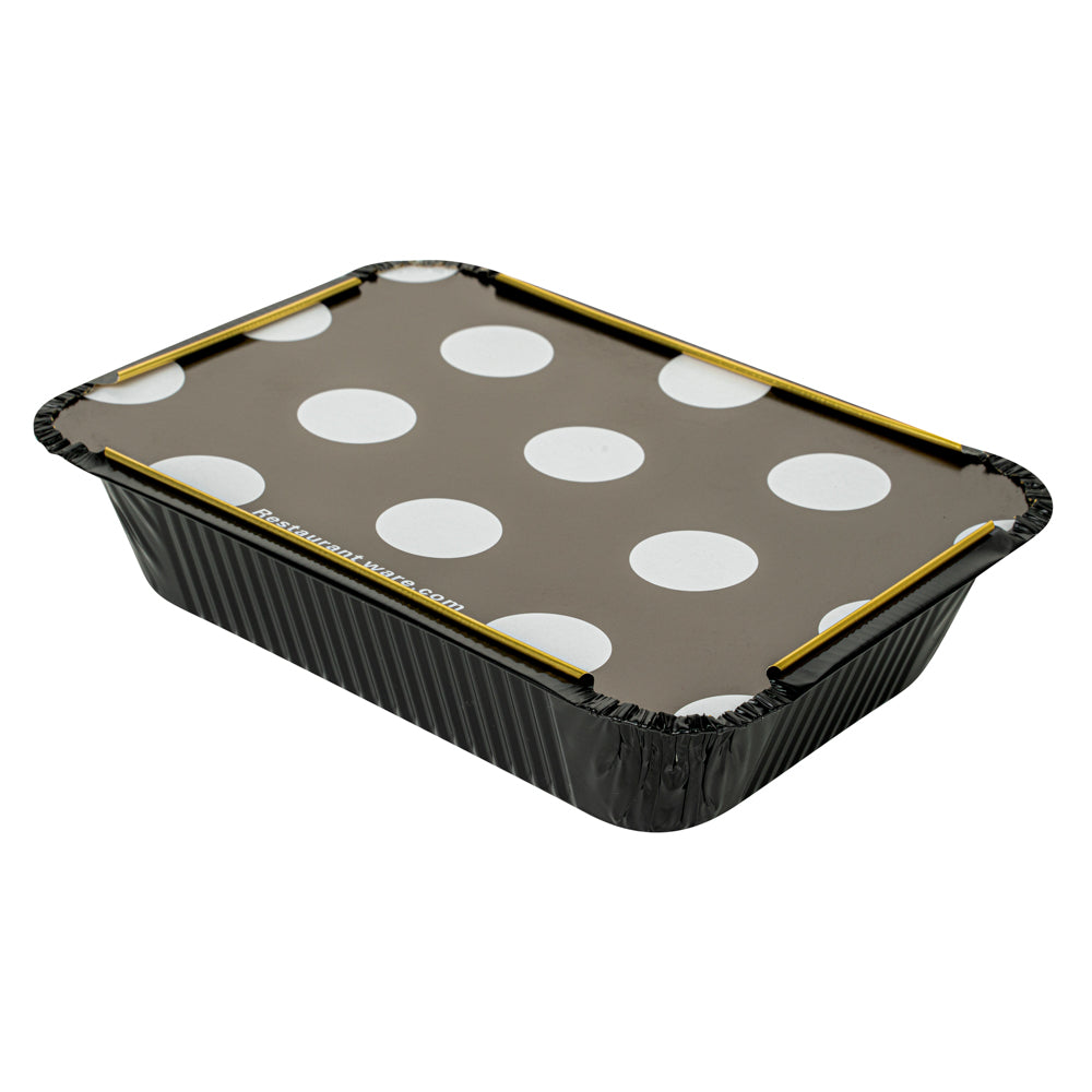 16 oz Rectangle Black and Gold Aluminum Take Out Container - with Polka Dot Paper Lid - 7 1/4" x 5 1/4" x 2" - 200 count box