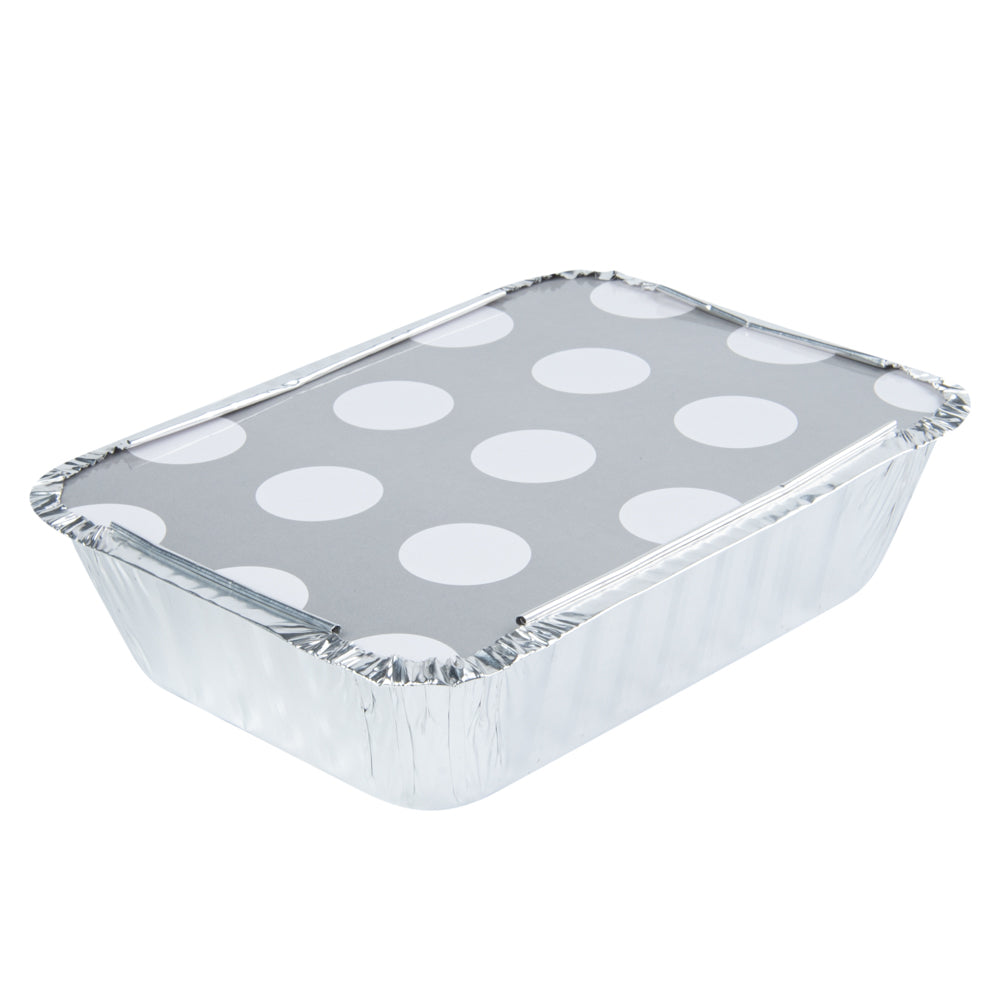 16 oz Rectangle Silver Aluminum Take Out Container - with Polka Dot Paper Lid - 7 1/4" x 5 1/4" x 2" - 200 count box