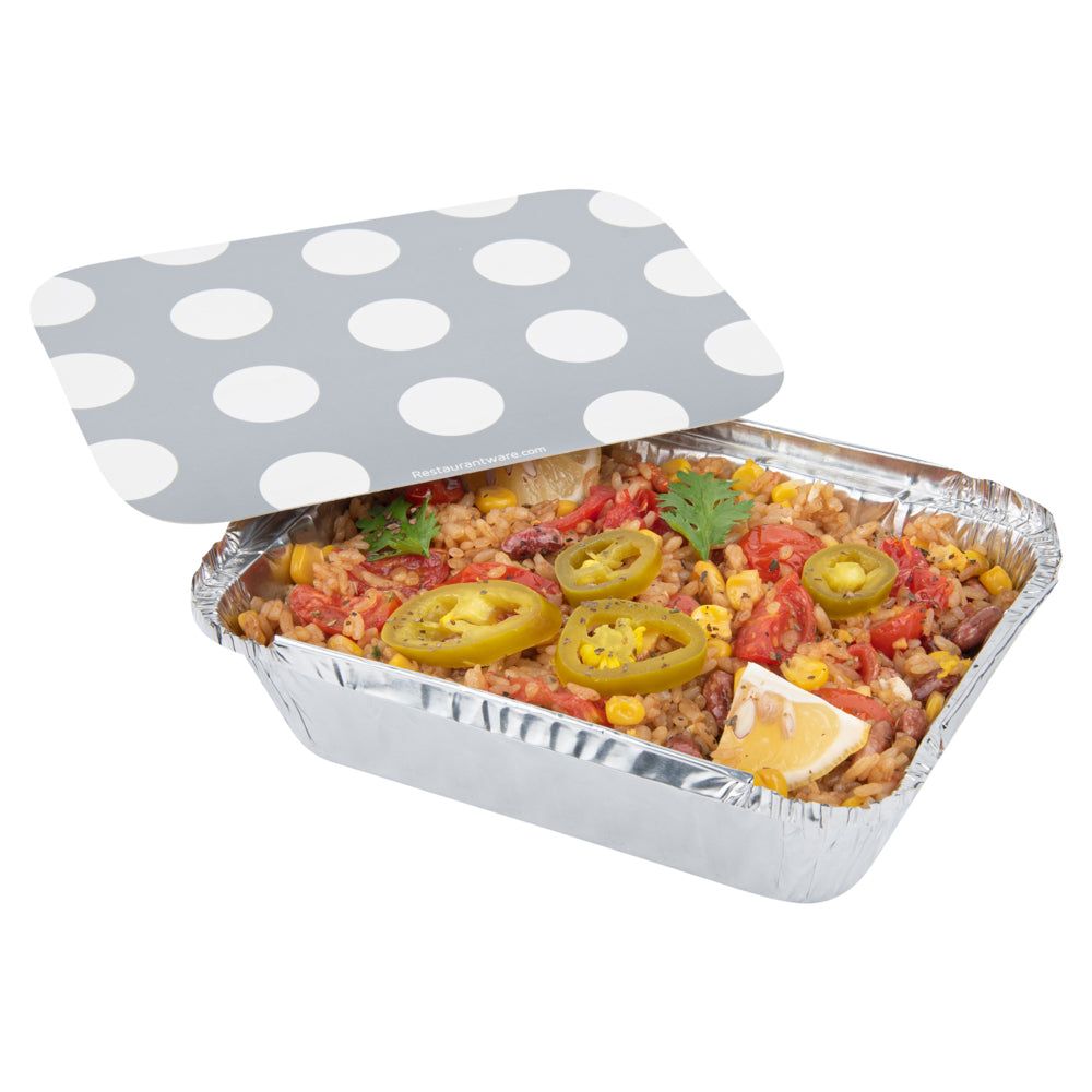 16 oz Rectangle Silver Aluminum Take Out Container - with Polka Dot Paper Lid - 7 1/4" x 5 1/4" x 2" - 200 count box