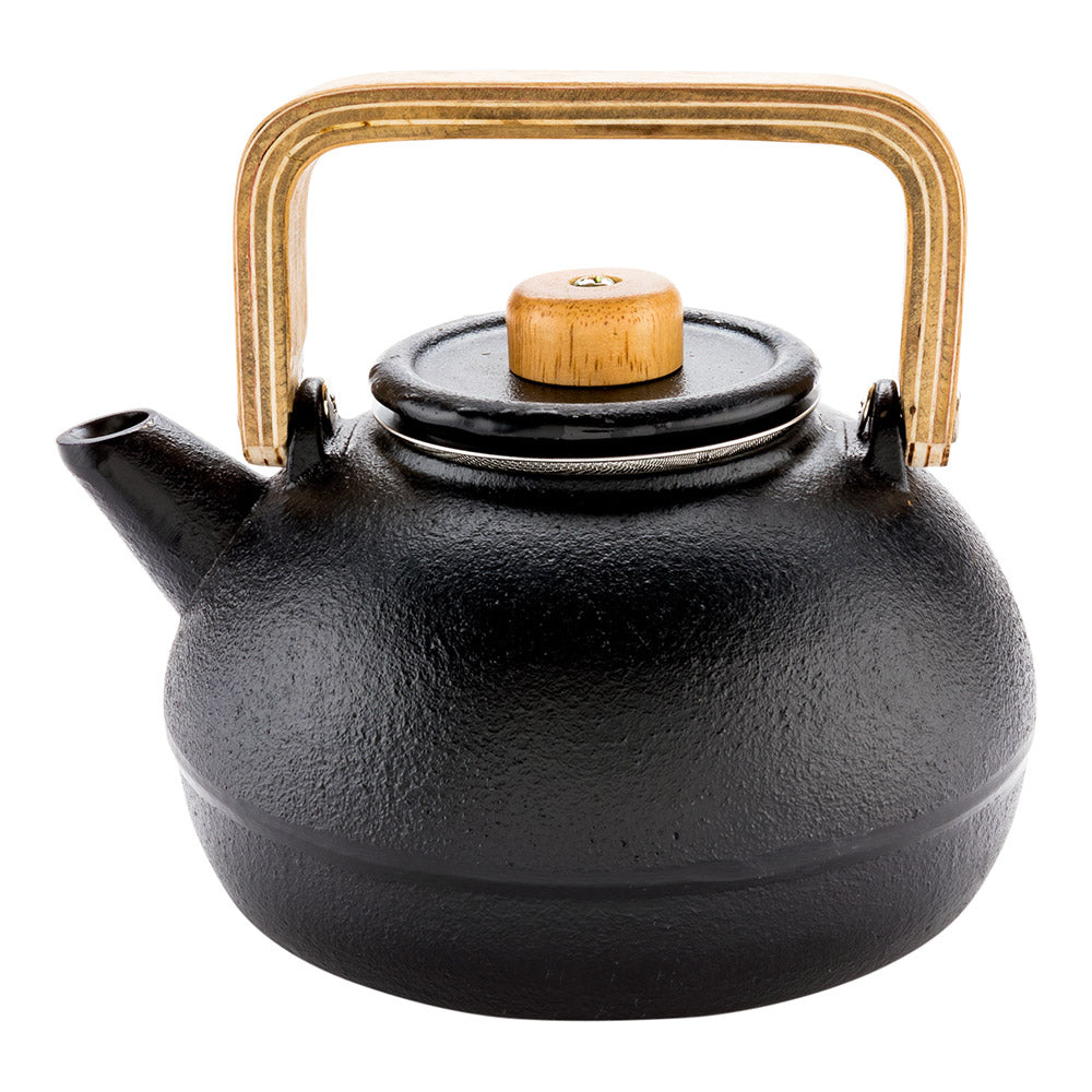 Tetsubin 30 oz Black Cast Iron Osaka Teapot - Wooden Handle and Knob - 7 1/2" x 5 1/2" x 4 1/4" - 1 count box