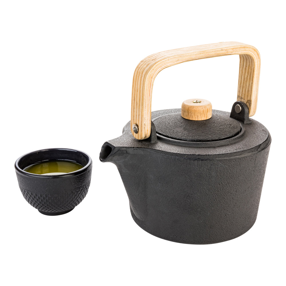 Tetsubin 43 oz Black Cast Iron Osaka Teapot - Wooden Handle and Knob - 7 1/2" x 6" x 5" - 1 count box