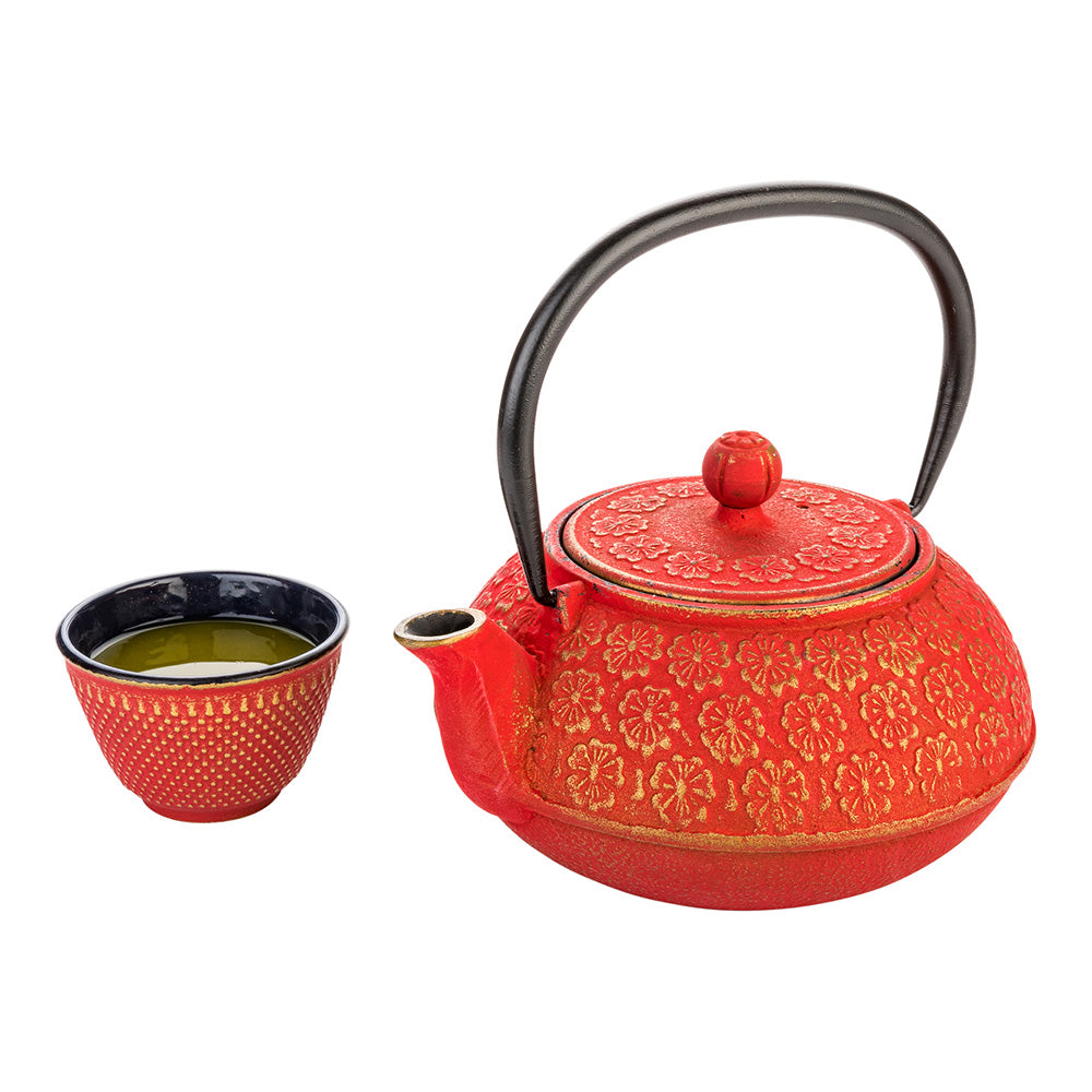 Tetsubin 30 oz Red Cast Iron Teapot - Cherry Blossom - 7 1/2" x 6 1/2" x 4 1/2" - 1 count box