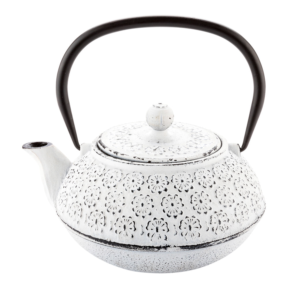 Tetsubin 30 oz White Cast Iron Teapot - Cherry Blossom - 7 1/2" x 6 1/2" x 4 1/2" - 1 count box