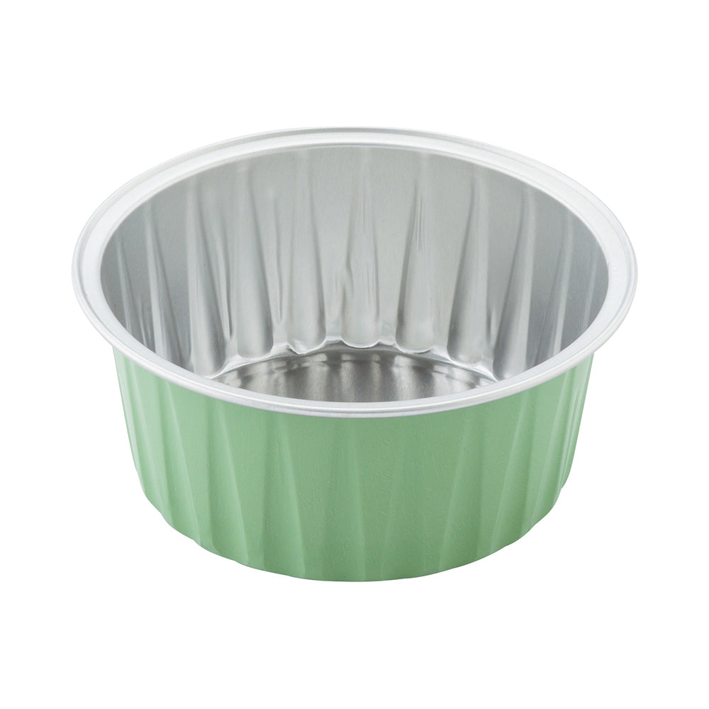 4 oz Round Pistachio Green Aluminum Baking Cup - Lids Available - 3 1/4" x 3 1/4" x 1 1/2" - 100 count box