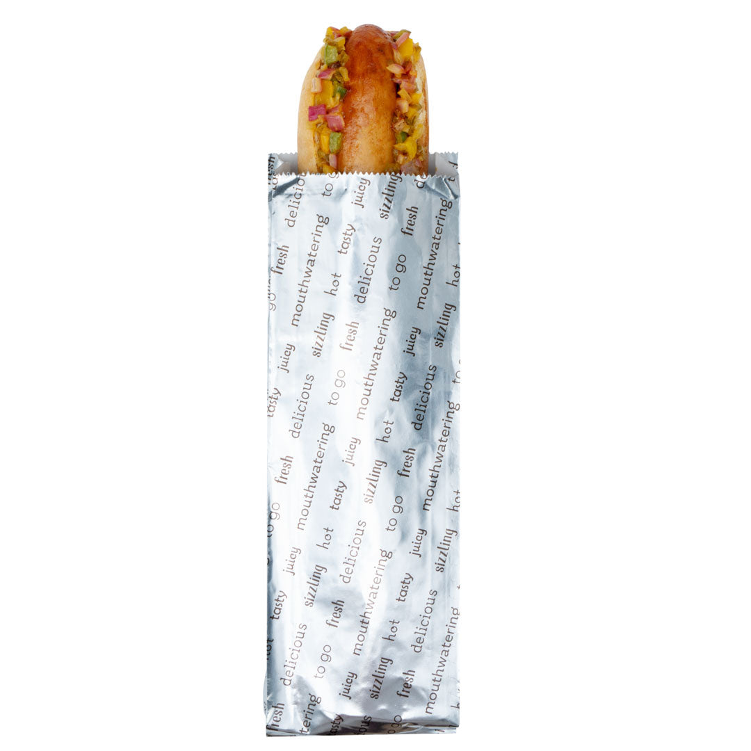 Bag Tek Paper Printed Large Hot Dog Foil Bag - 3 3/4" x 1 1/4" x 12" - 100 count box