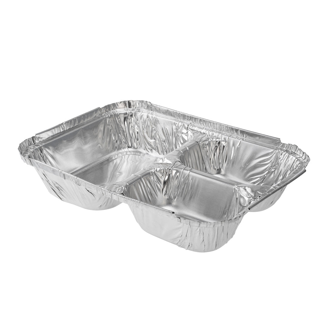 Foil Lux 23 oz Rectangle Silver Aluminum Take Out Tray - 3-Compartment - 8 1/2" x 6 1/2" x 1 3/4" - 100 count box