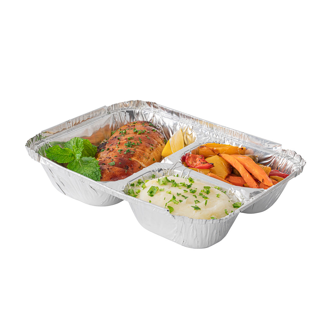 Foil Lux 23 oz Rectangle Silver Aluminum Take Out Tray - 3-Compartment - 8 1/2" x 6 1/2" x 1 3/4" - 100 count box